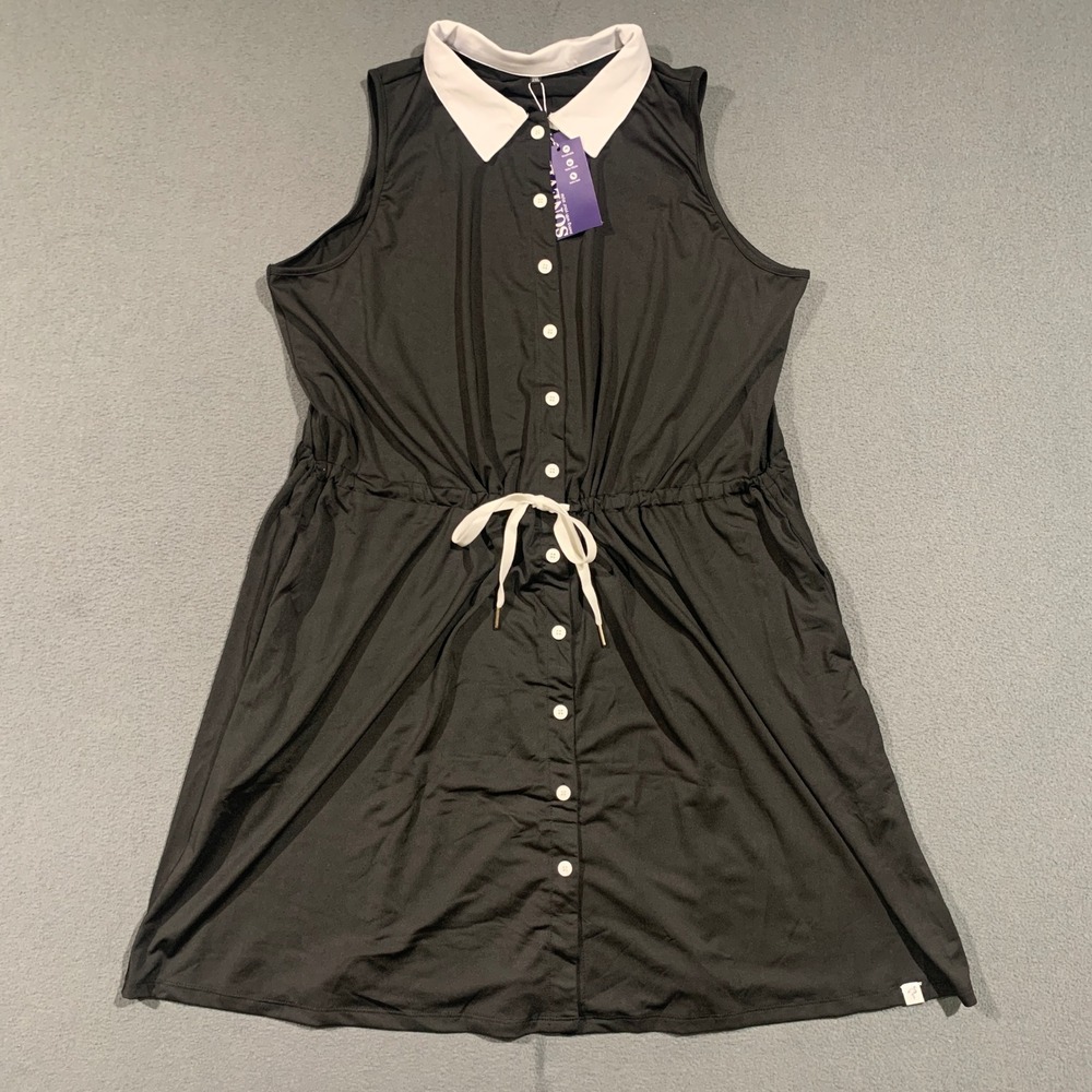 SONEVEN Black Tennis Dress Collared Sleeveless Button Front Drawstring Waist 2XL